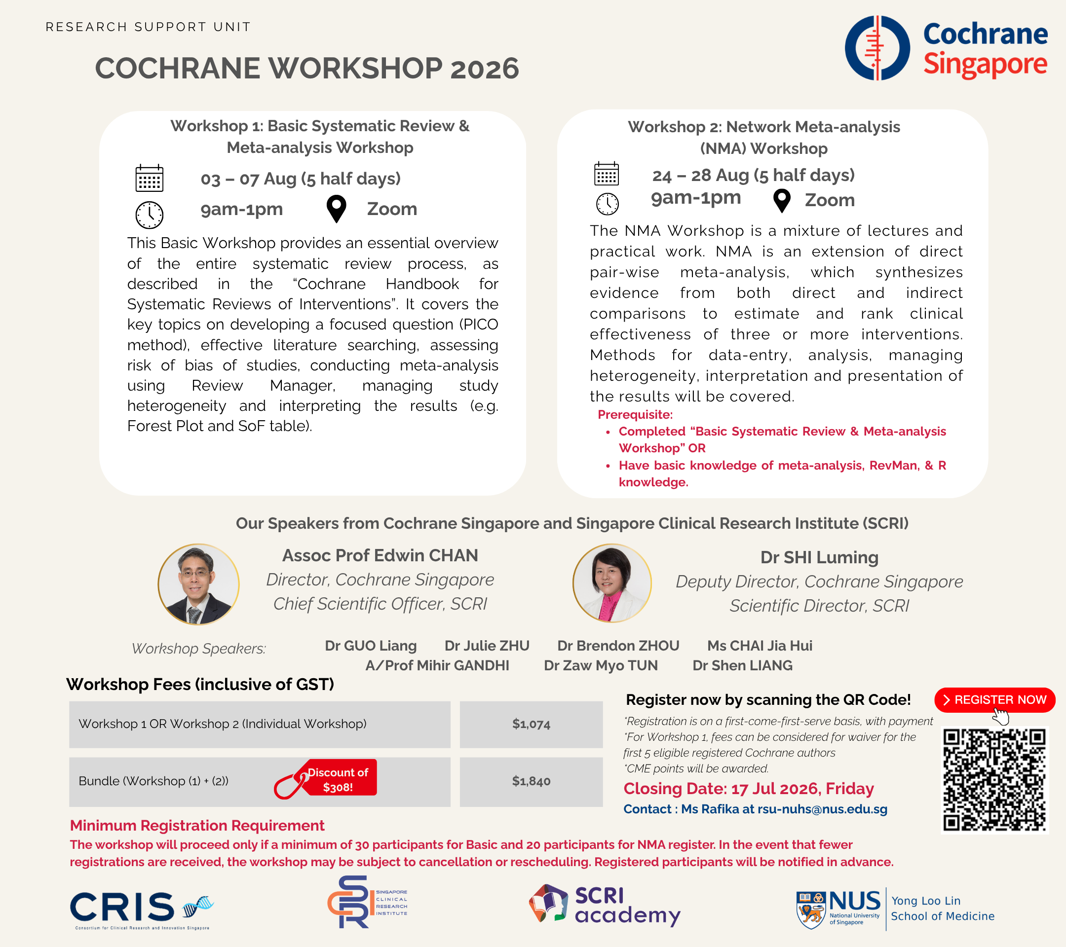 Poster for Cochrane Workshop 2026 with dates, Zoom times, speakers, fees, and QR code to register.